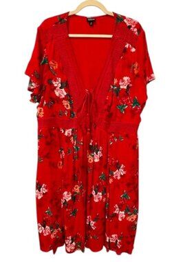 Torrid Women's 3X Red Floral Boho Flutter Sleeve Lace Up Eyelet Neck Dress Lined